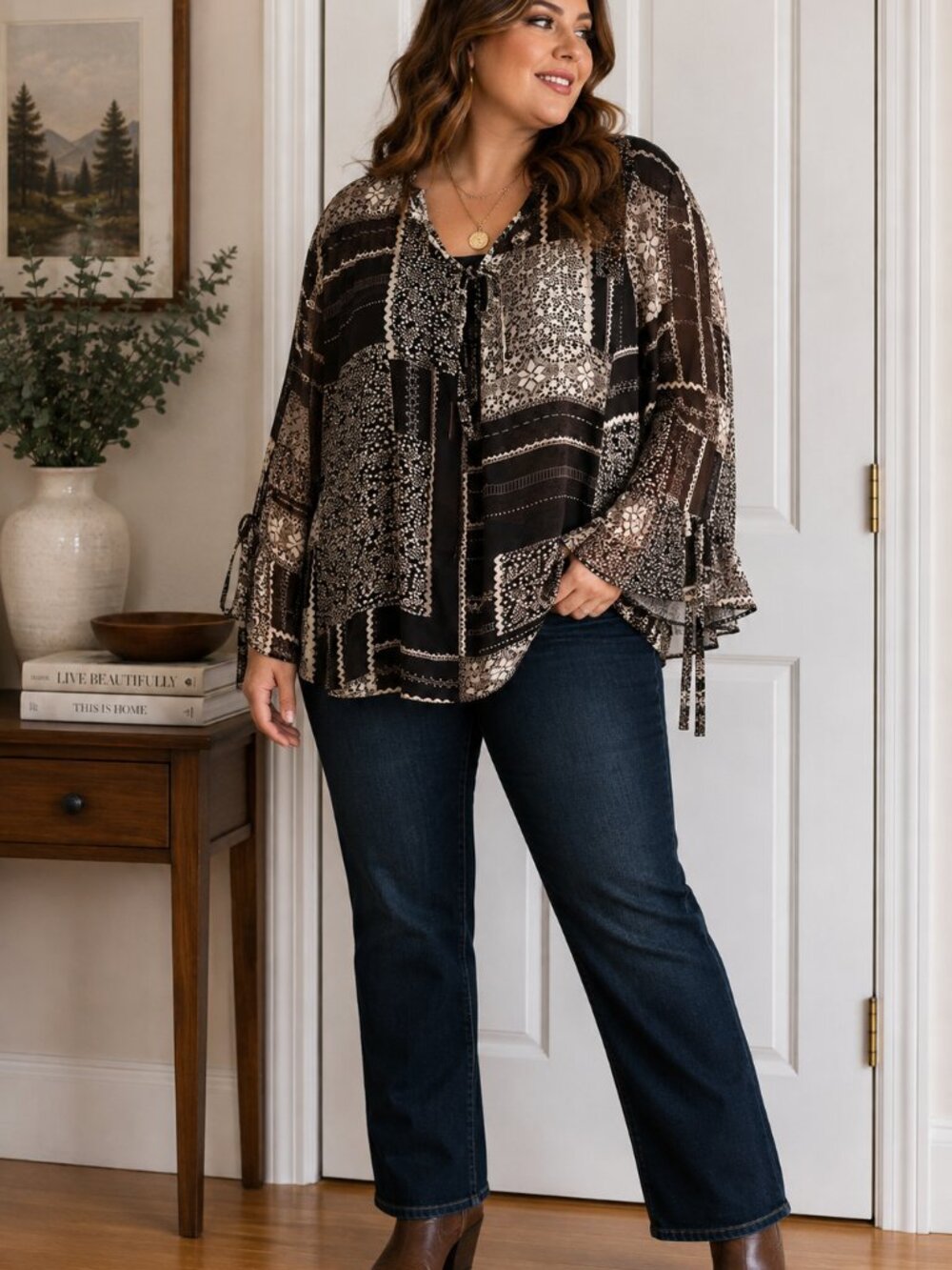 Vintage Brown Patchwork Sheer Blouse 1X Boho Bell Sleeve Tunic Top ✨